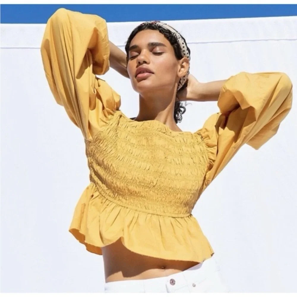 Free People Mustard Smocked Peplum Puff Sleeve Top